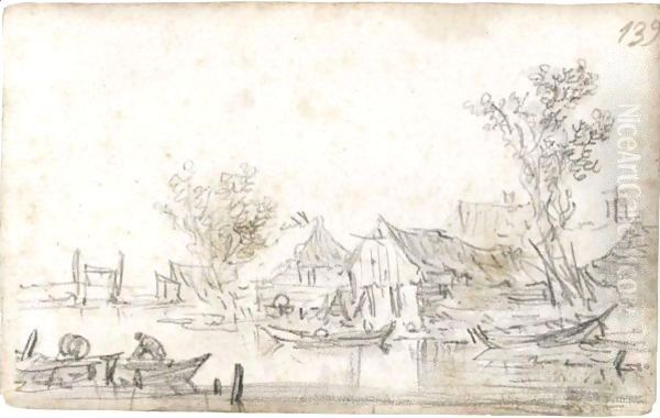 Houses By A Riverbank With Trees, With A Man In A Rowing-Boat In The Foreground Oil Painting by Jan van Goyen