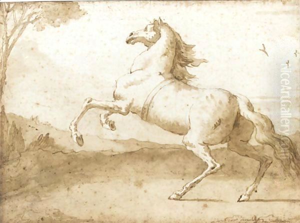 A Rearing Horse, In A Landscape Oil Painting by Giovanni Domenico Tiepolo