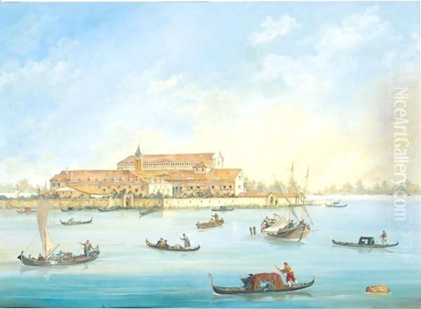 Gondoliers And Sailing Boats Before An Island In The Venetian Lagoon Oil Painting by Italian School