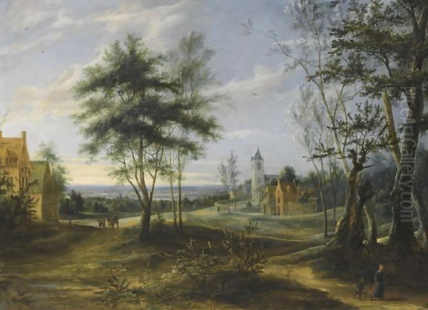 A Village Scene With Figures In The Foreground, A Church Beyond Oil Painting by Lucas Van Uden