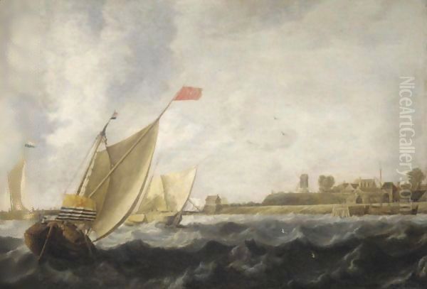 A River Scene With Dutch Smalschips Oil Painting by Bonaventura, the Elder Peeters