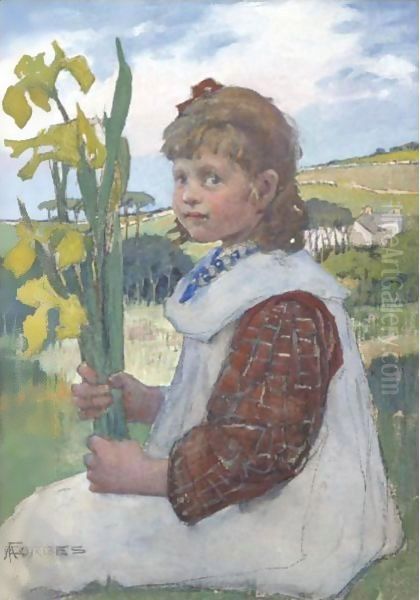 Girl With Irises Oil Painting by Elizabeth Stanhope Forbes