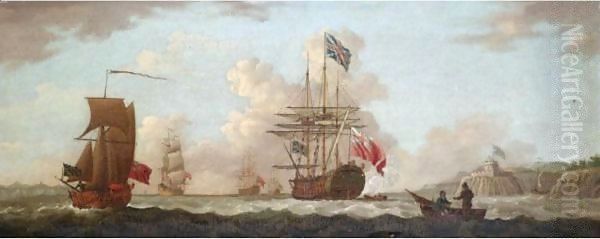 An English Squadron In St Aubin's Bay, Jersey Oil Painting by Francis Swaine