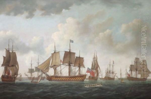 H.M.S. Queen Charlotte With The British Squadron And Allied Men-Of-War At Spithead, Prior To Sailing To Ushant In 1794 Oil Painting by Adam Callander