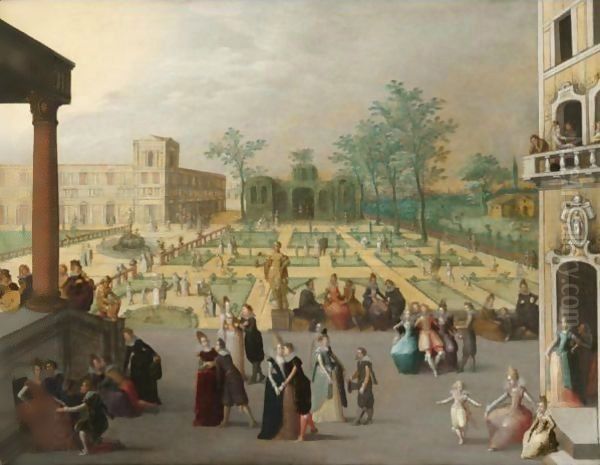 A Palace Garden With Elegant Couples Dancing Oil Painting by Louis de Caullery