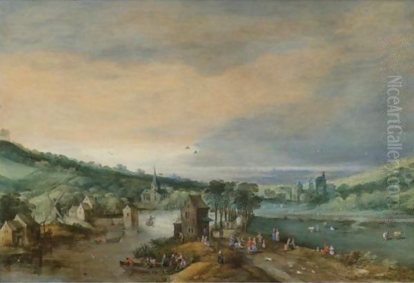 A River Landscape With Figures On A Road Passing A Town, And A Distant View Of The Sea Oil Painting by Josse de Momper