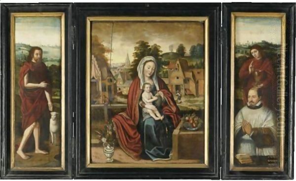 A Triptych - Central Panel The Madonna And Child In A Landscape With A Bunch Of Grapes - Left Wing Saint John The Baptist - Right Wing Saint John The Evangelist With A Donorout - Side Left Panel Saint Jerome - Outside Right Panel Saint Nicolas Of Bari Oil Painting by Bruges