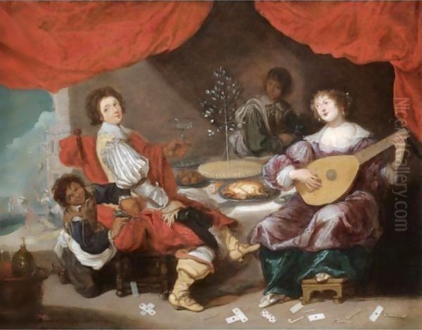 An Interior With A Lady And Gentleman Making Music And Feasting Oil Painting by Simon de Vos