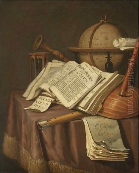 A Vanitas Still Life With A Globe, An Hour-Glass, A Book And A Score, Together With Various Other Musical Instruments Oil Painting by Edwart Collier