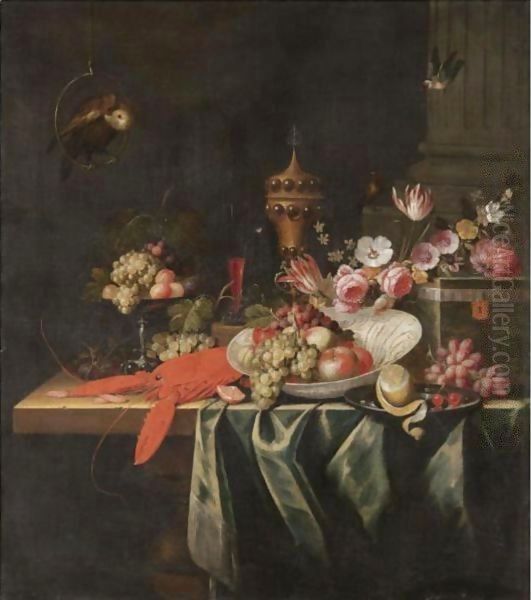 Still Life With Grapes And Apples In A Porcelain Bowl, Cherries And A Partly Peeled Lemon On A Pewter Plate Oil Painting by The Pseudo-Simons