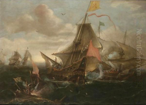 A Naval Engagement Between Spanish Men-O'-War And Turkish Galleys In Heavy Seas Oil Painting by Andries Van Eertvelt