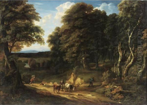 A Wooded Landscape With A Drover And Two Heifers On A Road, Two Anglers On The Bank Of A River Beyond Oil Painting by Cornelis Huysmans