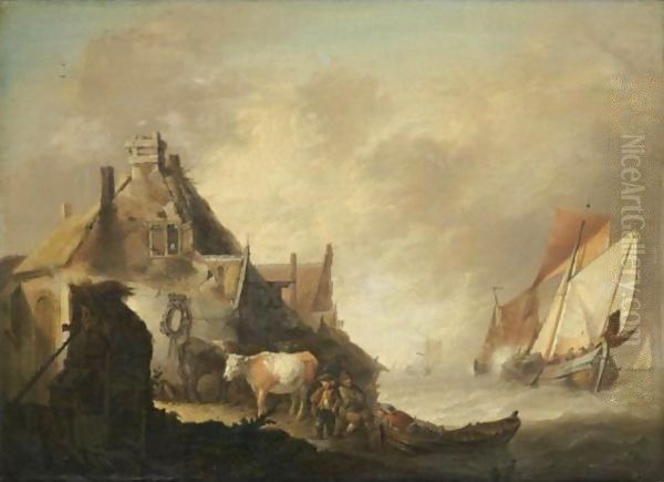 A Coastal Scene With Fishing Vessels In Stormy Seas, Figures With Cattle Before A House On The Shore Oil Painting by Jan van Os