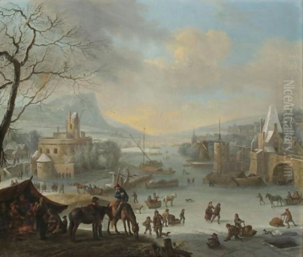 An Extensive Winter Landscape With Skaters On A Frozen River And Peasants Warming Themselves Near A Fire In The Foreground Oil Painting by Robert Griffier