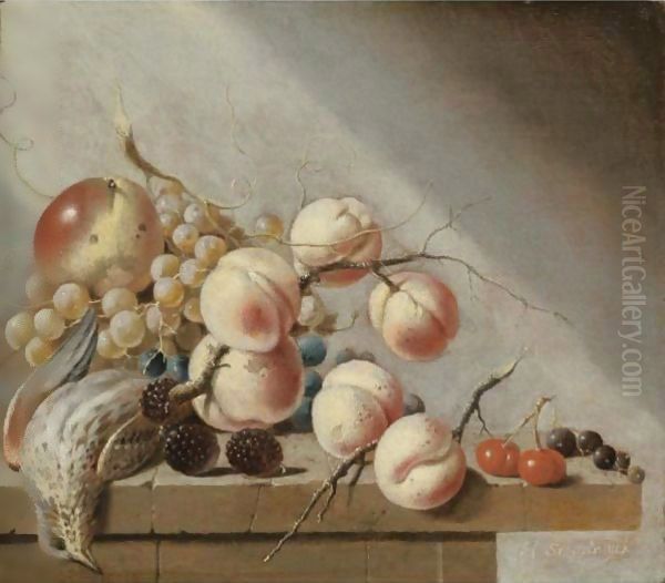 Still Life Of Peaches, An Apple, Grapes, Blackberries, Cherries And Blackcurrants Oil Painting by Harmen Steenwijck