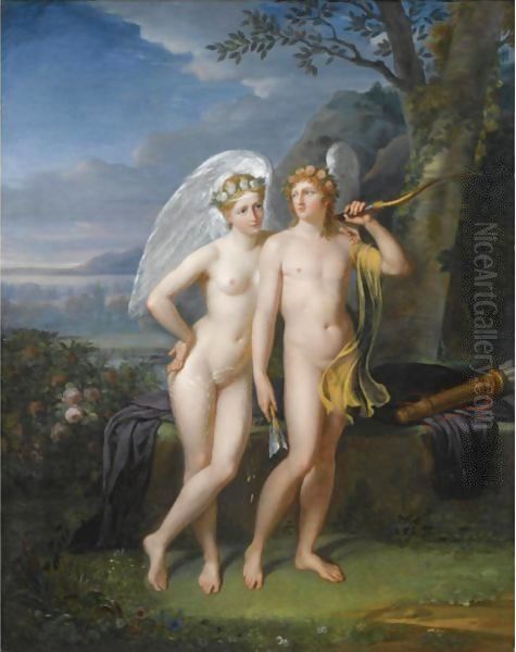 Cupid And Psyche In A Landscape Oil Painting by Robert-Jacques-Francois-Faust Lefevre