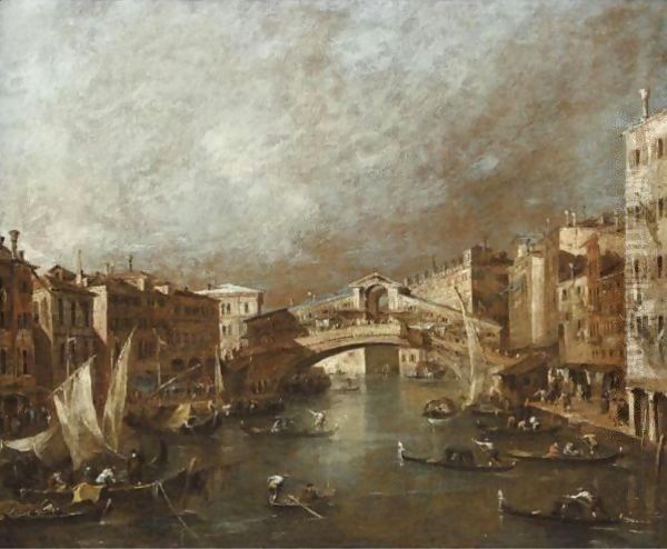 Venice, A View Of The Grand Canal With The Riva Del Vin And The Rialto Bridge Oil Painting by Francesco Guardi