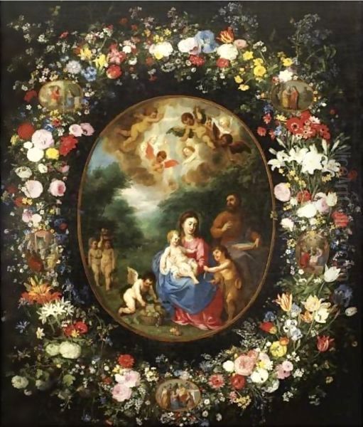 The Holy Family With The Infant Saint John The Baptist And Angels In A Landscape, Within A Garland Of Flowers Oil Painting by Jan Brueghel the Younger