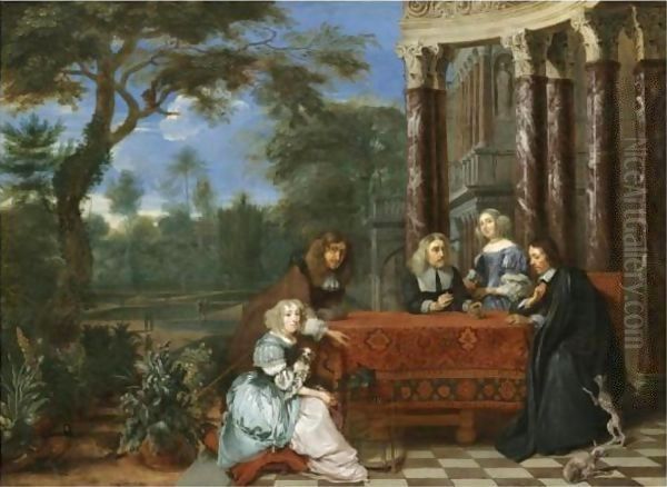 A Family Seated At A Table In An Elegant Garden Exterior Oil Painting by Gonzales Coques