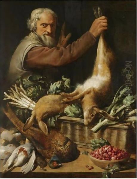 A Market Stall With A Peasant Holding Up A Hare, A Pheasant, Partridge, A Bowl Of Strawberries Oil Painting by Frans Snyders