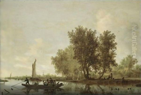 A River Landscape With Figures In A Ferry, Barges And Rowing Boats Beyond, And Other Figures Resting On A Bench Near Cottages Oil Painting by Salomon van Ruysdael