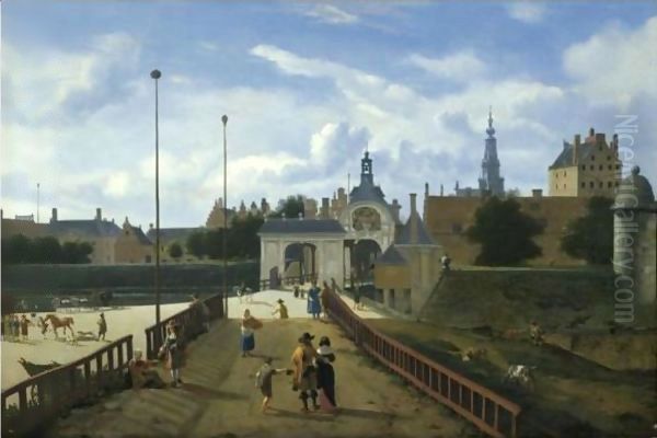 Amsterdam A View Of The Sint Antoniespoort Oil Painting by Jan Van Der Heyden