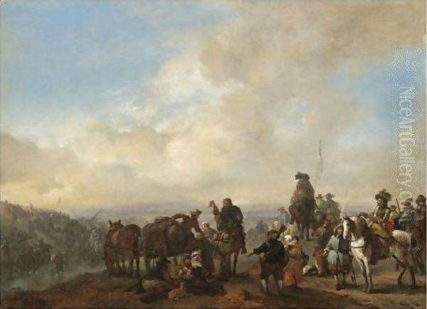 Landscape With Cavalrymen Crossing A Ford And Peasants Taking Refreshment From A Wagon Oil Painting by Philips Wouwerman