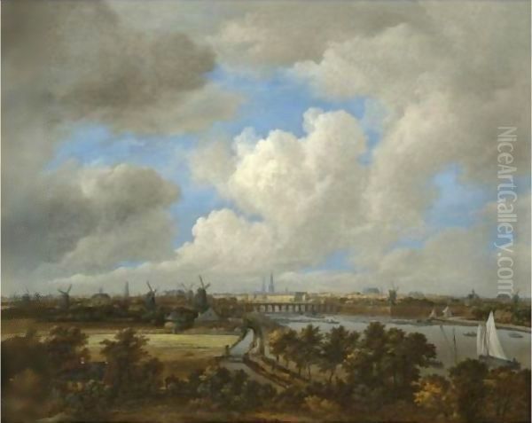 Amsterdam A Distant View From The South Along The West Bank Of The River Amstel Towards The City Oil Painting by Jacob Van Ruisdael