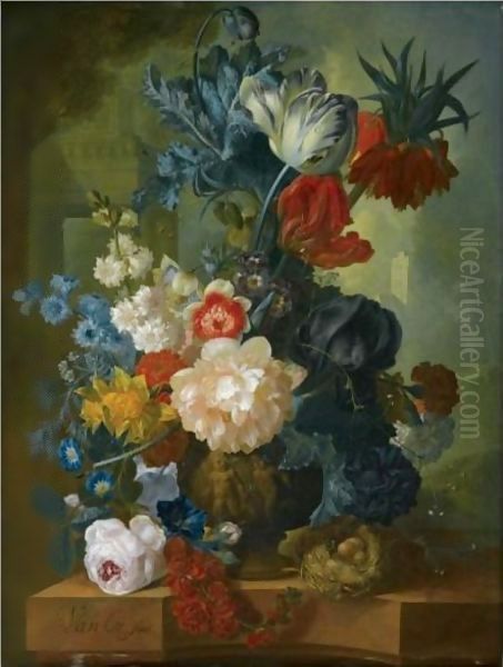 Still Life With A Bouquet Of Flowers In A Sculpted Vase, Including A Parrot Tulip, Morning Glory Oil Painting by Jan van Os