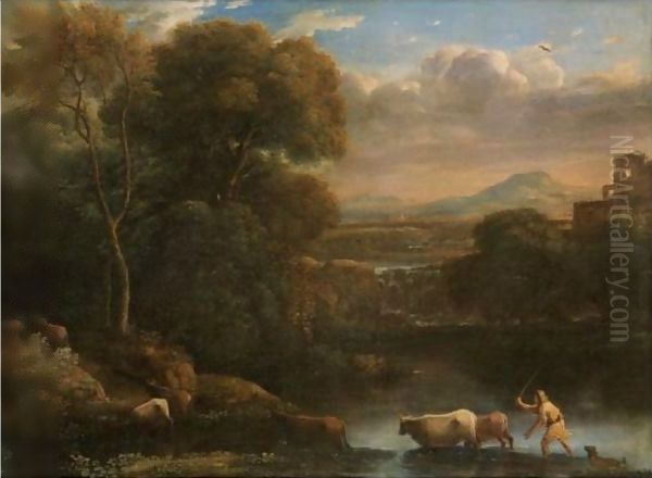 An Italianate Landscape With A Drover And His Dog Driving His Cattle Across A Ford, A Waterfall Beyond Oil Painting by Claude Lorrain (Gellee)