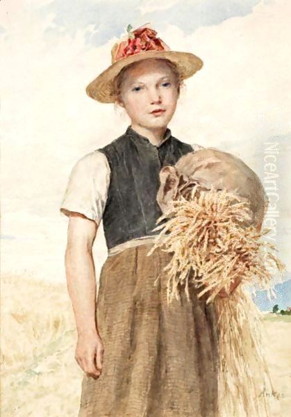 Madchen Mit Garben Girl With Sheaves Oil Painting by Albert Anker