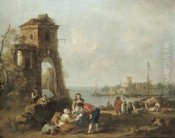 An Architectural Capriccio With Numerous Figures Beside Classical Ruins, A Mediterrenean Harbour Beyond Oil Painting by Francesco Zuccarelli