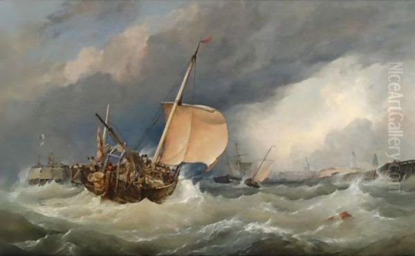 French Lugger Running Into Calais Oil Painting by Edward William Cooke