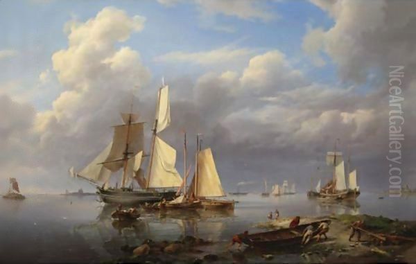 Shipping Estuary Hauling In The Boats At Day's End Oil Painting by Hermanus Koekkoek