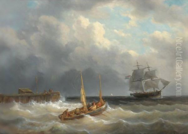 Sailing Off The Dutch Coast Oil Painting by George Willem Opdenhoff