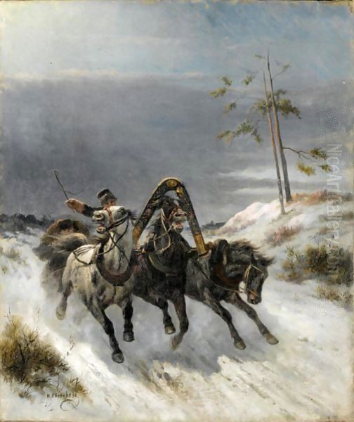 Troika Racing Through The Snow Oil Painting by Nikolai Egorovich Sverchkov