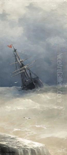 Ship On High Seas Oil Painting by Aleksei Vasilievich Hanzen