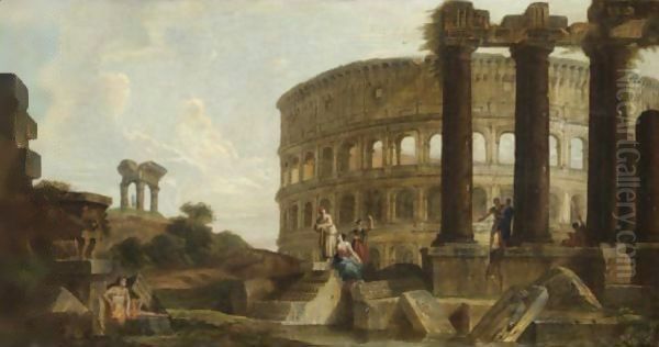 Capriccio Architettonico Con Figure E Il Colosseo Sul Fondo Oil Painting by Giovanni Paolo Panini