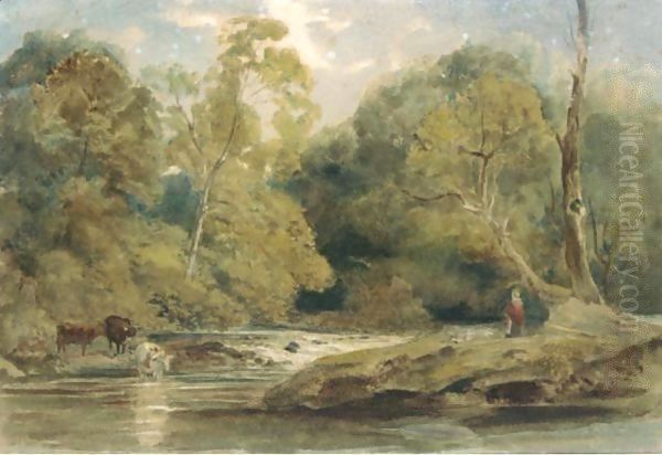 Cattle Watering In A Wooded River Landscape Oil Painting by Peter de Wint