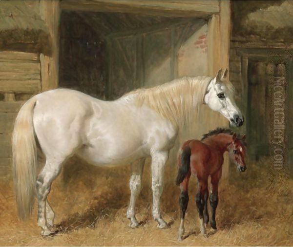 A Grey Mare And Her Foal In A Loose Box Oil Painting by John Frederick Herring Snr