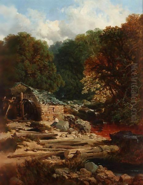 River Landscape With A Fisherman Beside A Watermill Oil Painting by Edmund John Niemann, Snr.