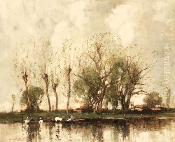 A Dutch Canal Side Oil Painting by William Alfred Gibson