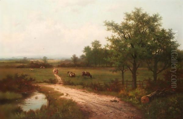 Landscape With Cows And A Watering Pool Oil Painting by Hendrik Pieter Koekkoek