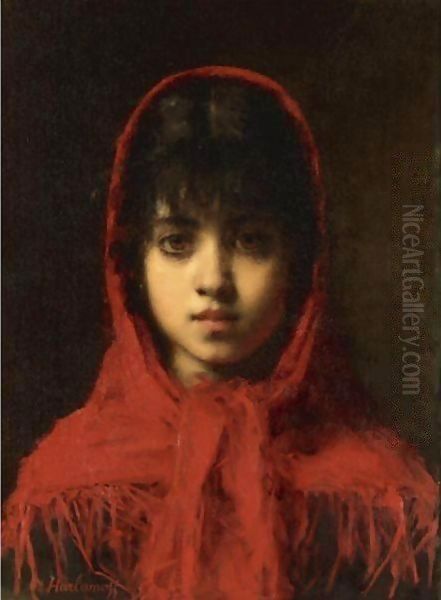 Young Girl In A Red Shawl Oil Painting by Alexei Alexeivich Harlamoff