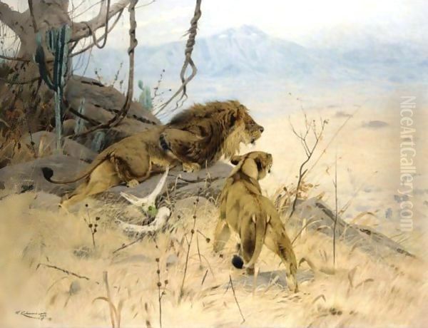 Lowe Und Lowin Erspahen Eine Zebraherde (Lion And Lioness Stalking A Zebra Herd) Oil Painting by Wilhelm Kuhnert