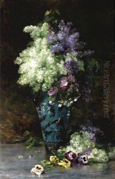 Nature Morte Aux Lilas Et Pensees Oil Painting by Albert-Tibulle Furcy De Lavault