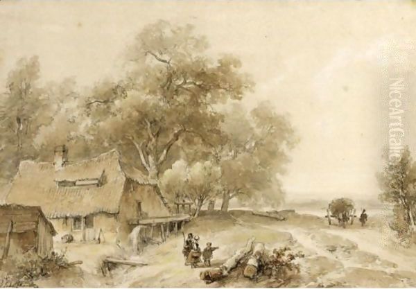 View Of A Watermill In Woodland, With A Haycart Approaching On A Track To The Right Oil Painting by Andreas Schelfhout