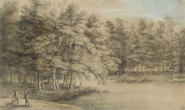 Wooded Landscape With Two Men Hawking By A Pond Oil Painting by Lucas Van Uden