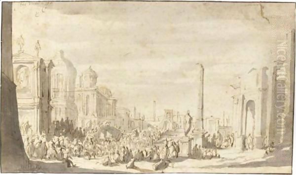 A Crowd Of Figures Gathered In The Roman Forum, An Obelisk And Triumphal Arch To The Left Oil Painting by Jacob Van Der Ulft