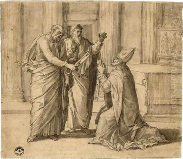 St Peter, Dressed As The First Bishop Of Rome, Receives The Keys Of The Kingdom Of Heaven From Christ, Another Apostle Looking On Oil Painting by Lambert Lombard